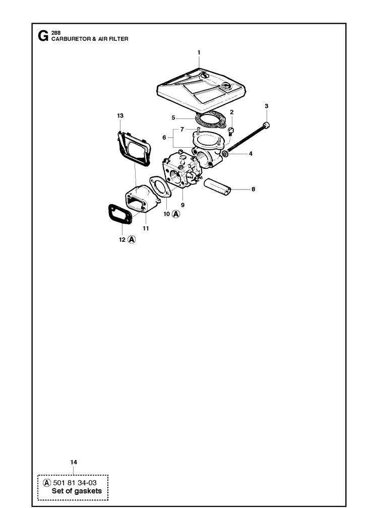 Carburetor And Air Filter Diagram and Parts List for 288XP  Husqvarna Chainsaw
