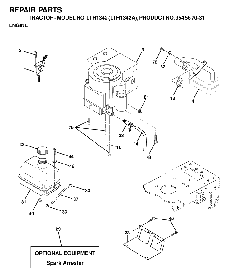 Engine Diagram and Parts List for LTH1342-LTH1342A 2000-12 Husqvarna Lawn Tractor