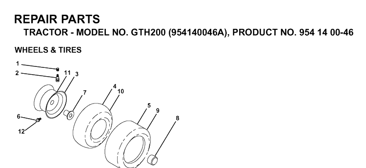 Wheels And Tires Diagram and Parts List for GTH200 (954140046A)(1998-09) Husqvarna Lawn Tractor