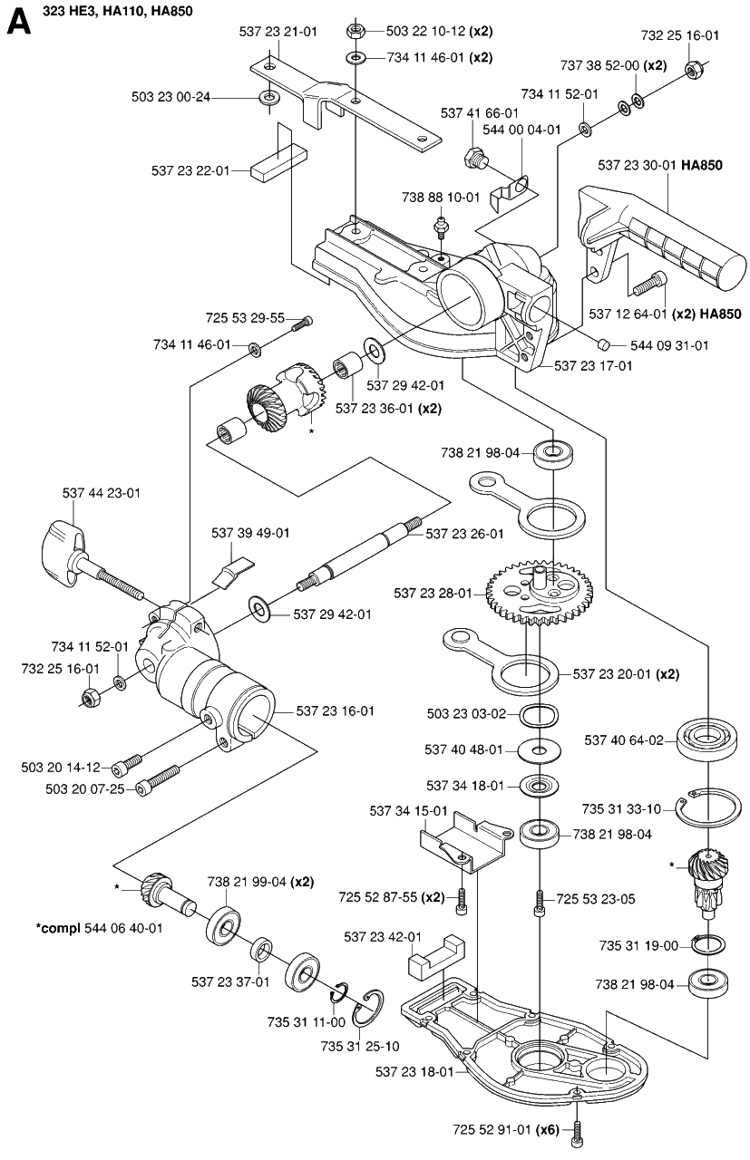 Gear Housing 3 Diagram and Parts List for 325HDA55X 20053600001 - 20054000000 Husqvarna Hedge Trimmer