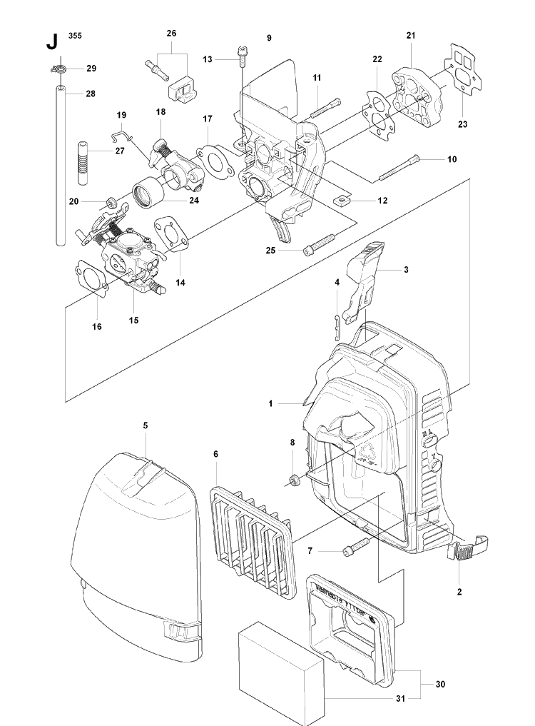 Carburetor And Air Filter Diagram and Parts List for 355FX 20082700001-20192999999 Husqvarna Brush Cutter