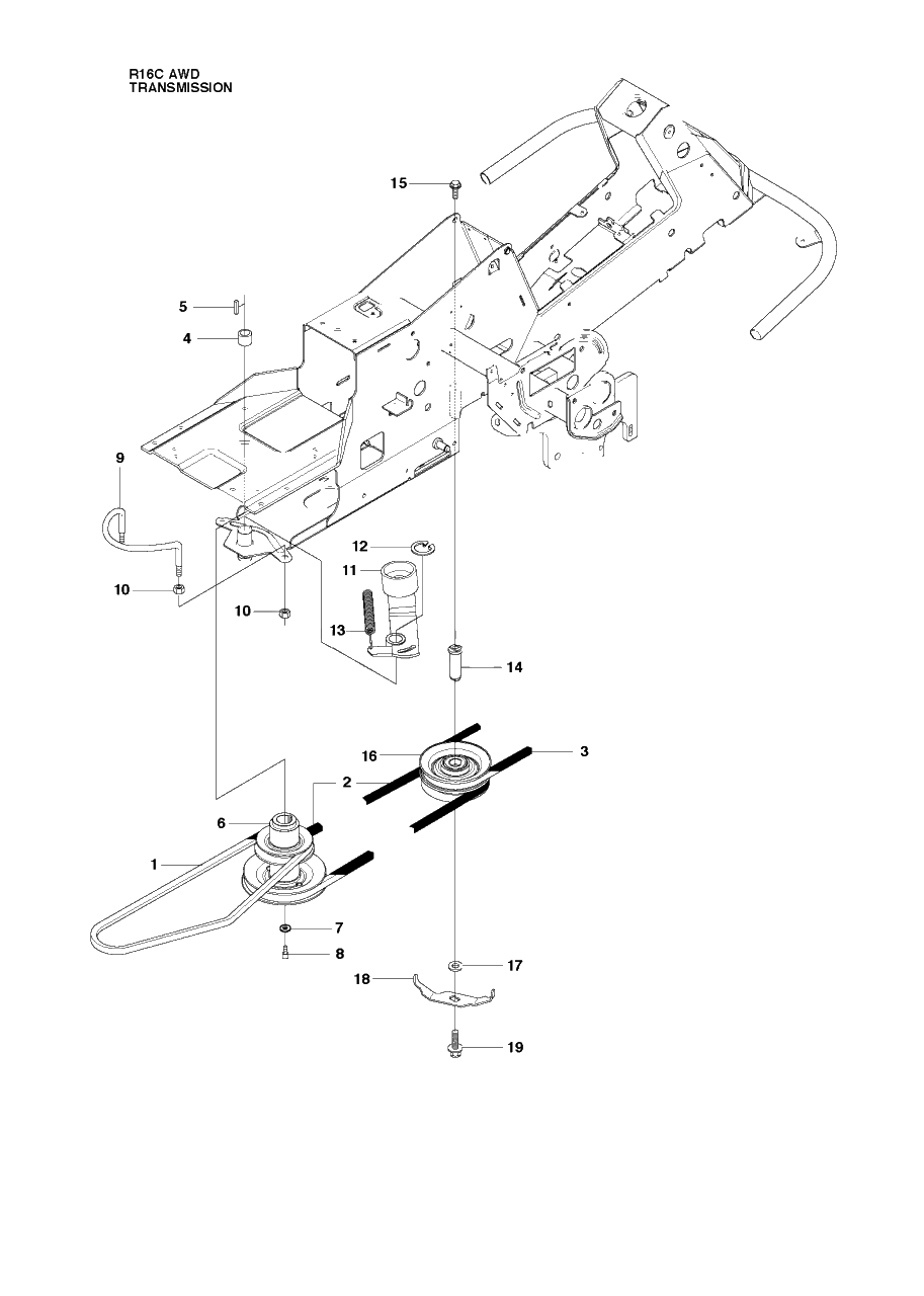 Transmission Diagram and Parts List for R16CAWD (966830301)(2010-07) Husqvarna Lawn Tractor