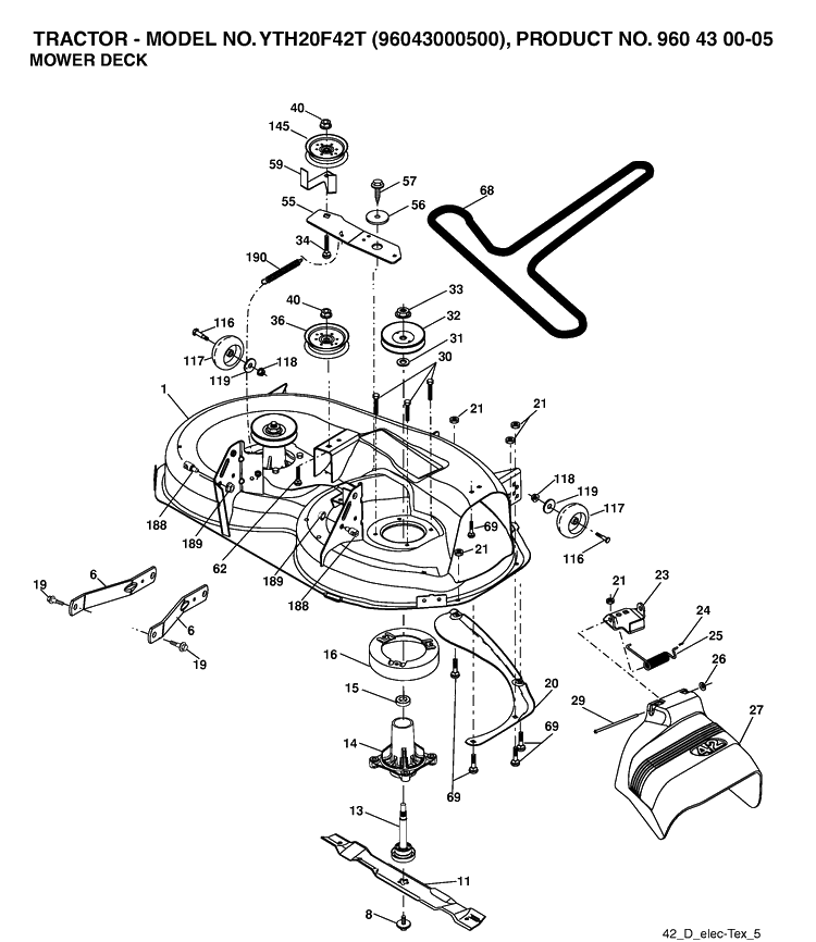 Mower Deck / Cutting Deck Diagram and Parts List for YTH20F42T (96043000500)(2006-02) Husqvarna Lawn Tractor