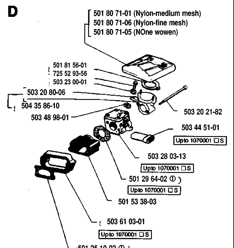 Carburetor And Air Filter Diagram and Parts List for 61 19933600001-19970100000 Husqvarna Chainsaw
