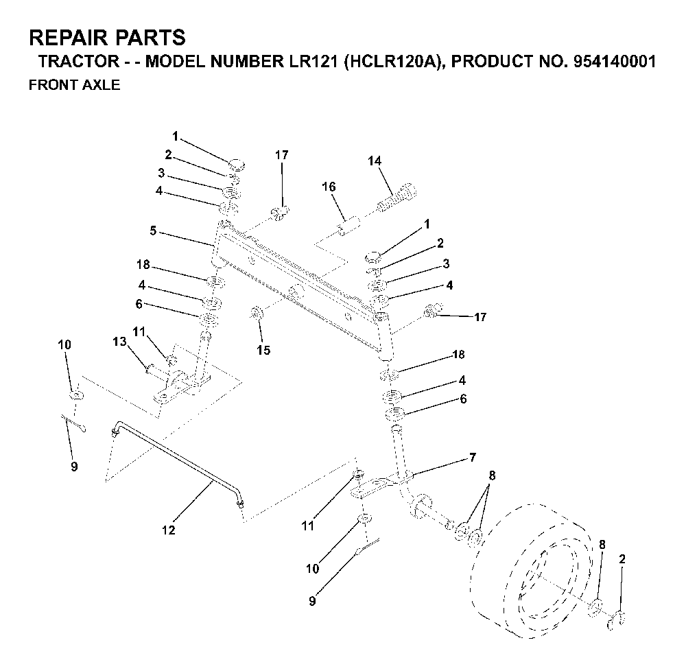 Front Axle Diagram and Parts List for LR121 (HCLR120A, 954140001)(1996-08) Husqvarna Lawn Tractor