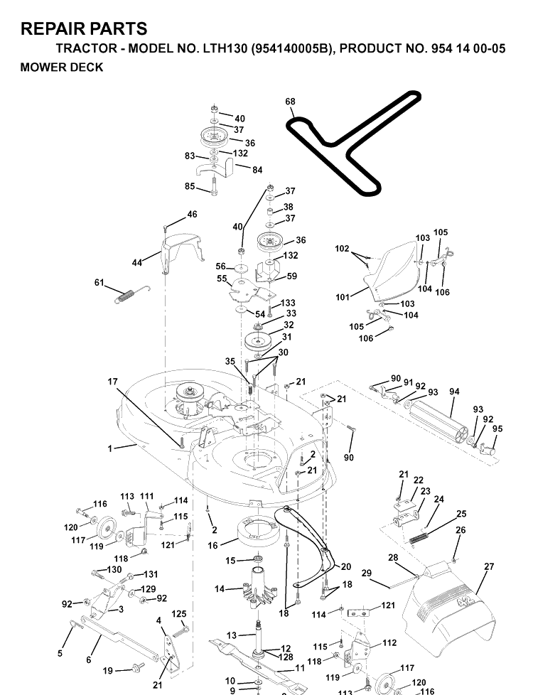 Mower Deck / Cutting Deck Diagram and Parts List for LTH130 (954140005B)(1997-01) Husqvarna Lawn Tractor