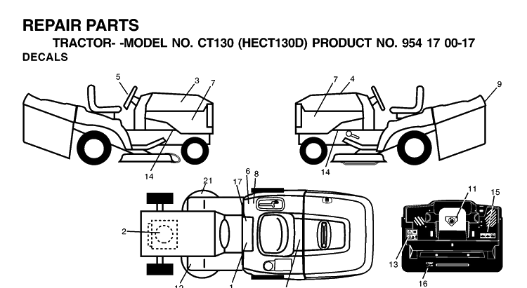 Decals Diagram and Parts List for CT130 (HECT130D)(2001-01) Husqvarna Lawn Tractor
