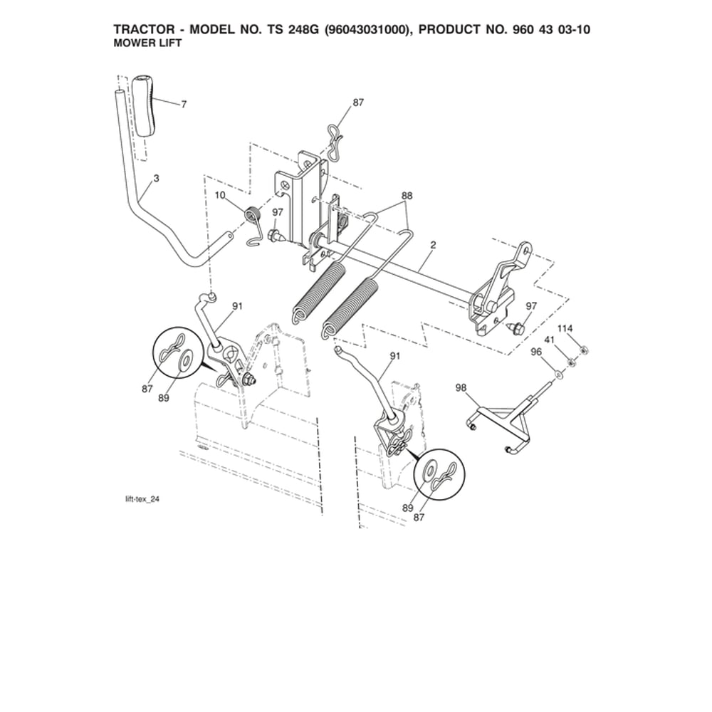 Mower Lift Diagram and Parts List for 96043031000  Husqvarna Lawn Tractor