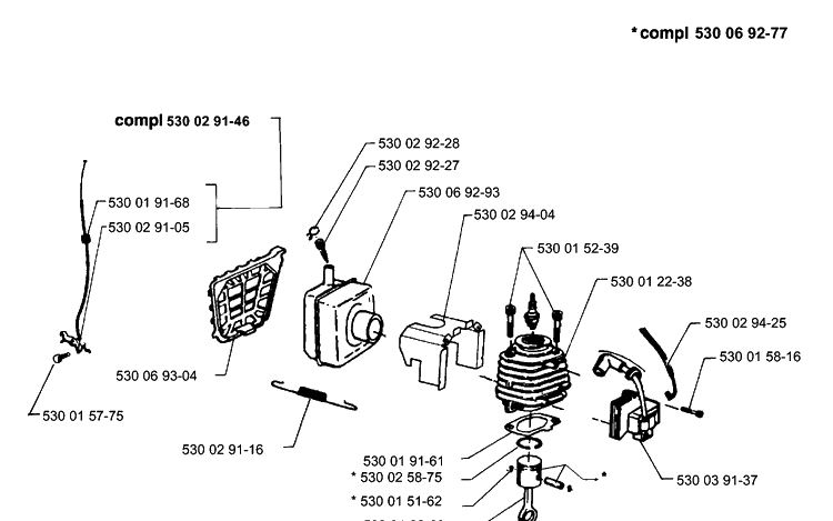 Piston / Cylinder And Muffler And Ignition Diagram and Parts List for 132HBV 1991-11 Husqvarna Leaf Blower / Vacuum