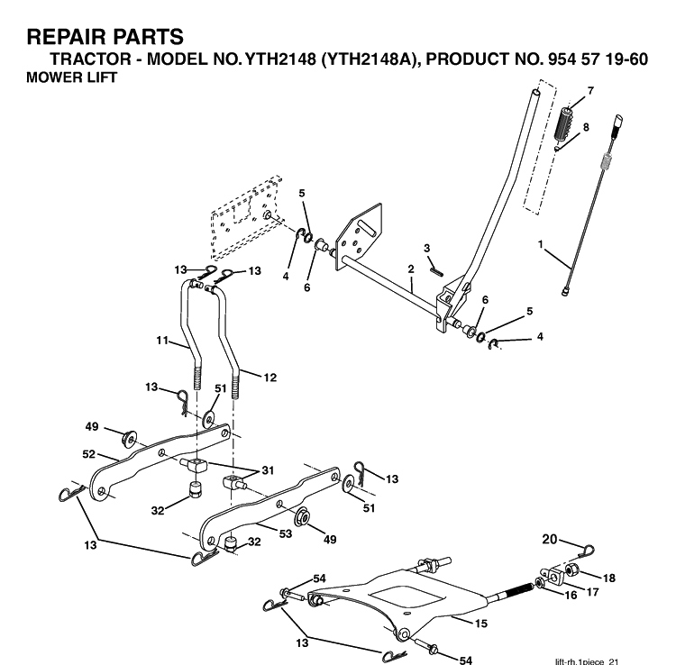 Mower Lift / Deck Lift Diagram and Parts List for YTH2148 (954571960)(2003-11) Husqvarna Lawn Tractor