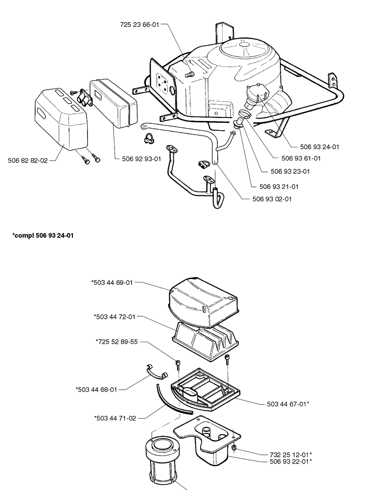Engine And Air Filter Assembly Diagram and Parts List for RIDER1200 1998-01 Husqvarna Lawn Mower