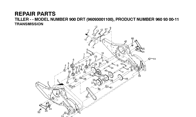 Transmission Diagram and Parts List for DRT900 (96093001101)(2010-10) Husqvarna Cultivator