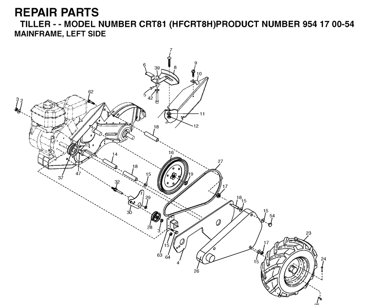 Mainframe, Left Side Diagram and Parts List for CRT81 (HFCRT8H)(2004-01) Husqvarna Cultivator