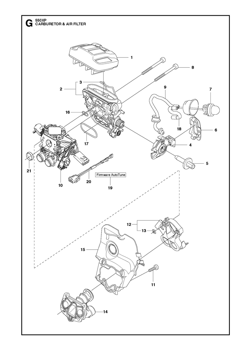 Carburetor And Air Filter Diagram and Parts List for 550XPG  Husqvarna Chainsaw