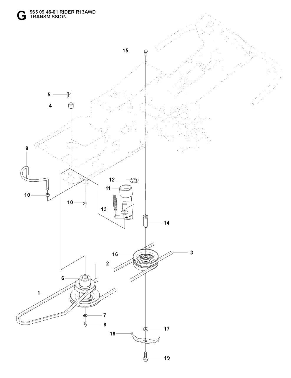 Transmission Diagram and Parts List for R13AWD (965094601)(2007-01) Husqvarna Lawn Tractor