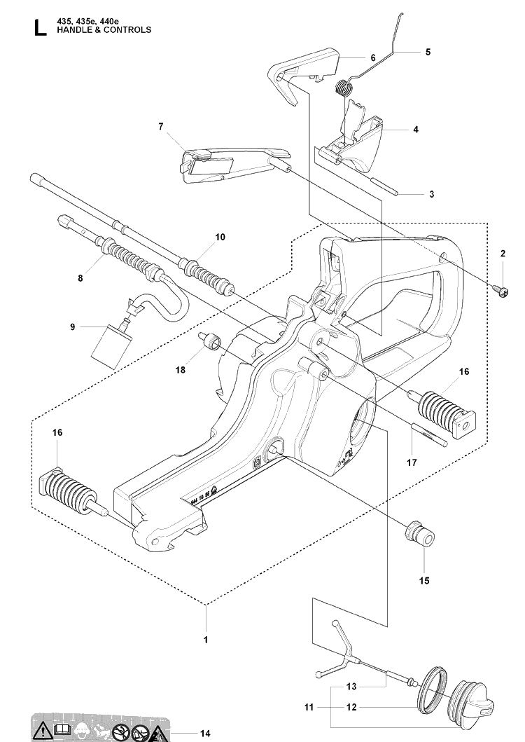 Handle And Controls Diagram and Parts List for 440E 20090400001-20102300000 Husqvarna Chainsaw