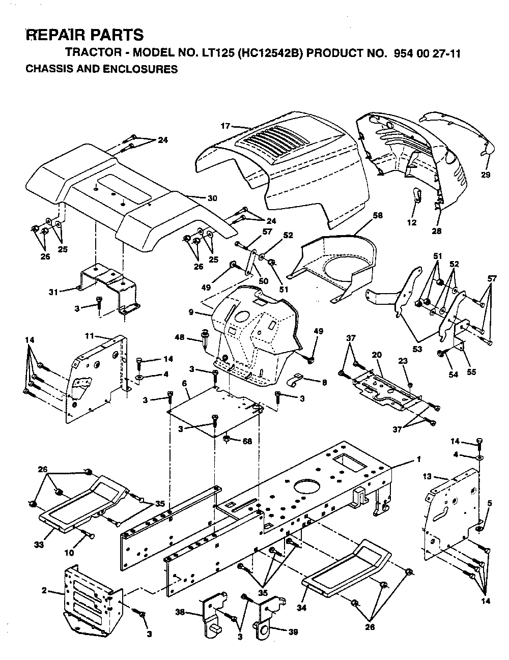 Chassis And Enclosures Diagram and Parts List for LT125 (HC12542B, 954002711)(1995-01) Husqvarna Lawn Tractor