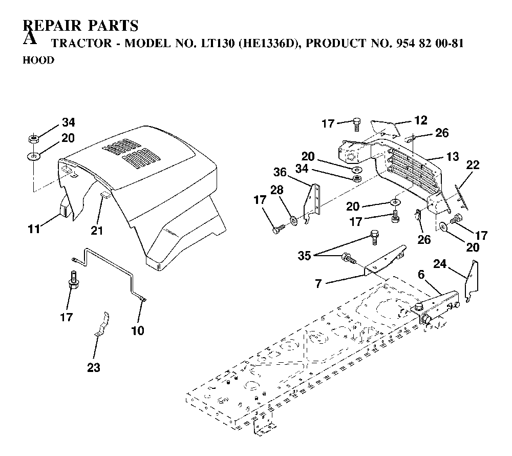 Hood Diagram and Parts List for LT130 (HE1336D, 954820081)(1997-03) Husqvarna Lawn Tractor