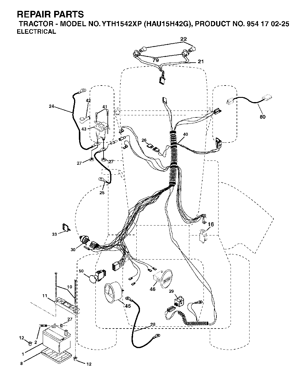Electrical Diagram and Parts List for YTH1542XP (HAU15H42G, 954170225)(2004-09) Husqvarna Lawn Tractor