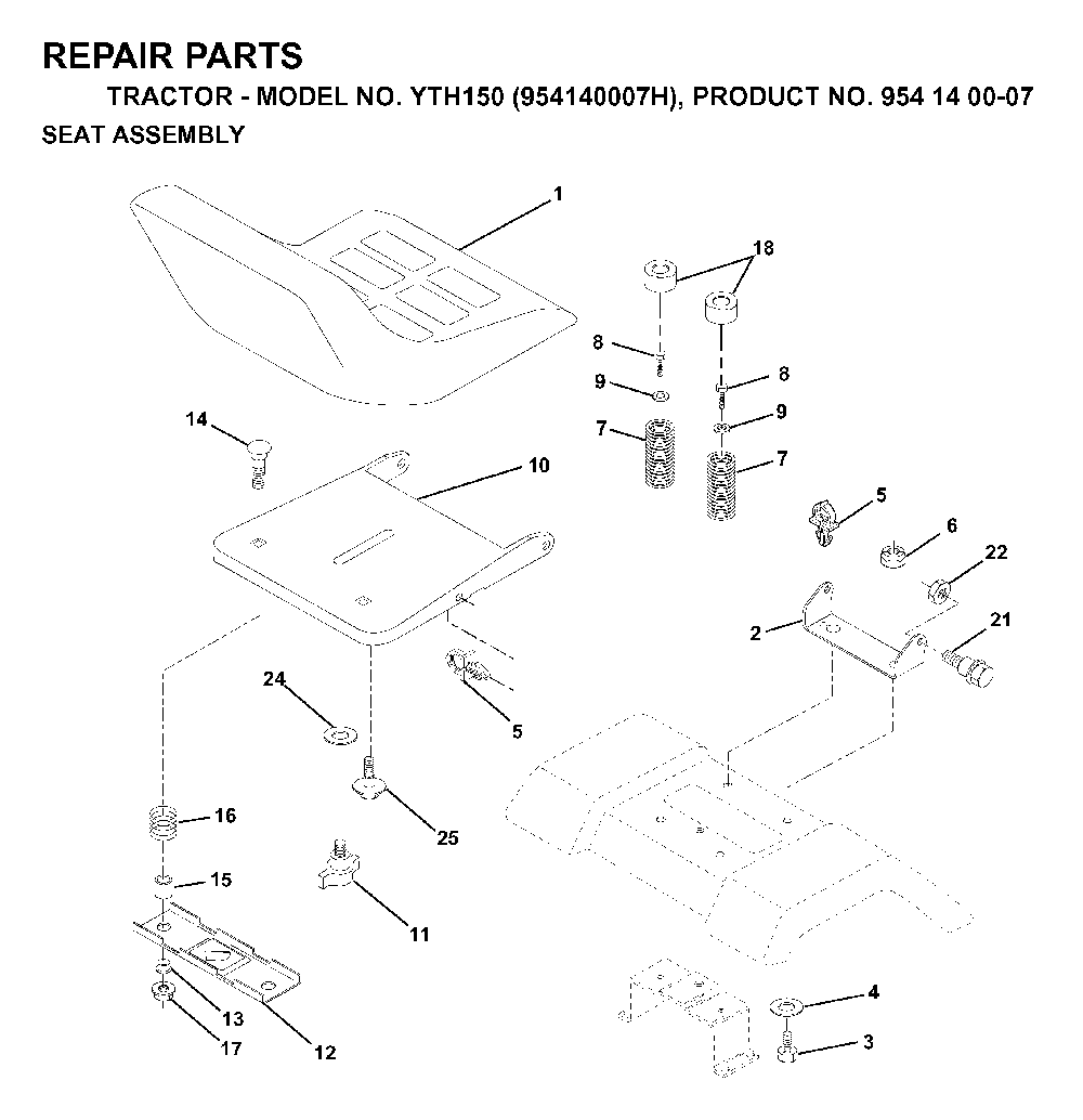 Seat Diagram and Parts List for YTH150 (954140007H, 954140007)(1998-09) Husqvarna Lawn Tractor