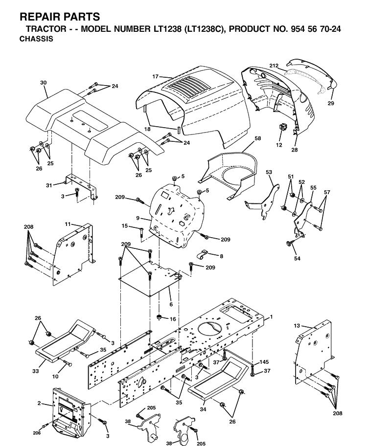 Chassis And Enclosures Diagram and Parts List for LT1238-LT1238C 2001-10 Husqvarna Lawn Tractor