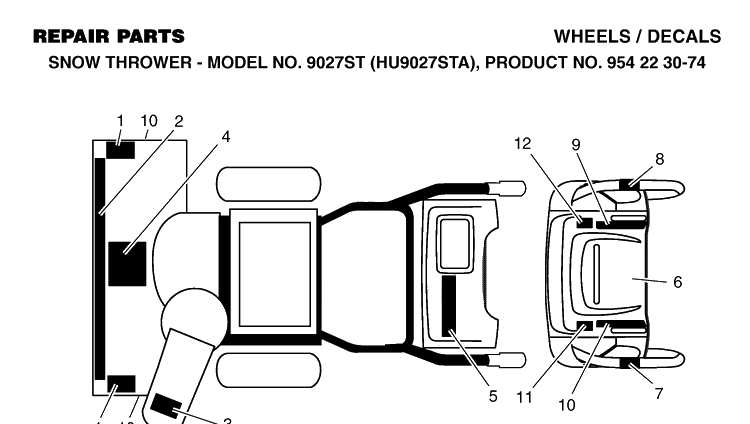 Decals Diagram and Parts List for 9027ST (HU9027STA)(2002-09) Husqvarna Snow Blower