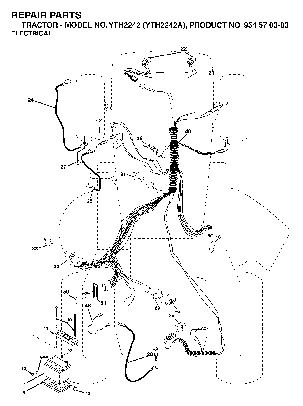Electrical Diagram and Parts List for YTH2242A (954570383)(2003-01) Husqvarna Lawn Tractor