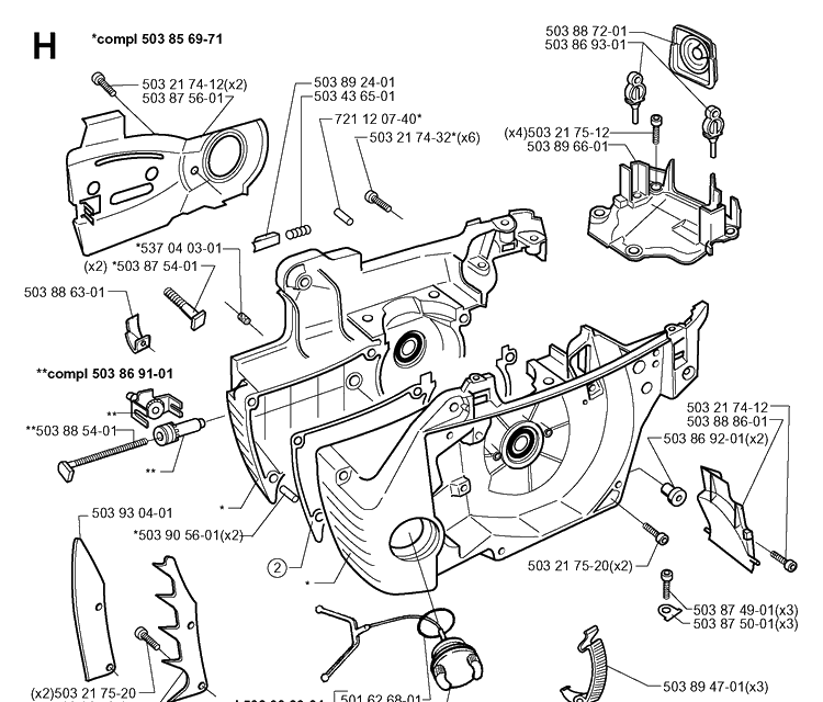 Crankcase Diagram and Parts List for 346XP 19991000001-20012200000 Husqvarna Chainsaw