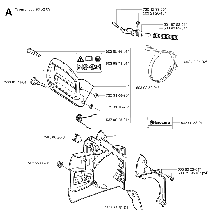 Chain Brake Diagram and Parts List for 338XPT 20031800001-20034400000 Husqvarna Chainsaw