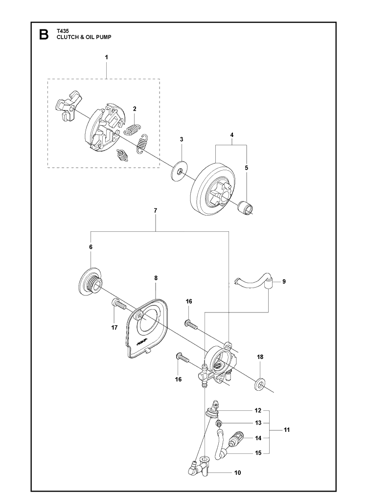 Clutch And Oil Pump Diagram and Parts List for T435  Husqvarna Chainsaw