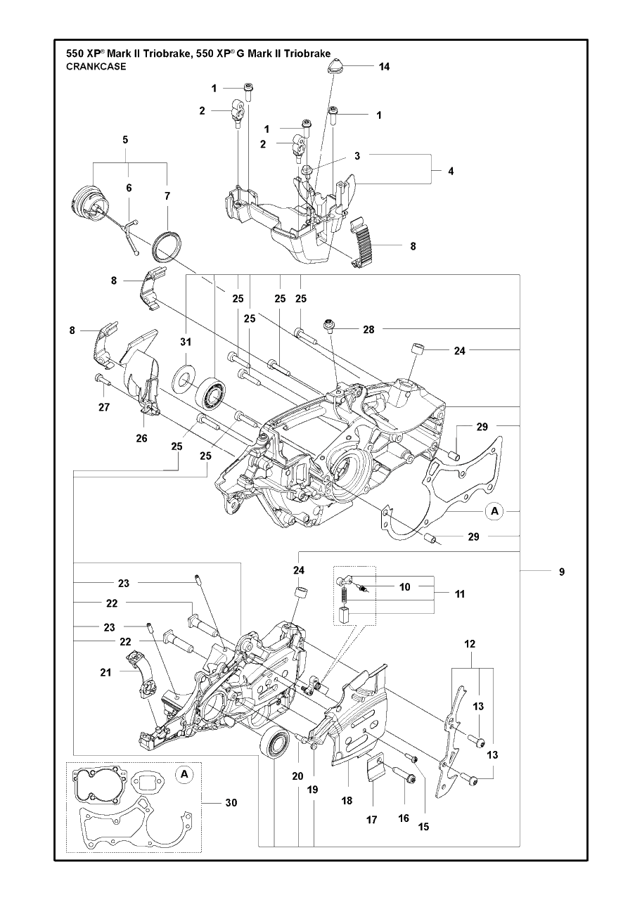 Crankcase Diagram and Parts List for 550XP-XPG (Mark II)(TRIOBRAKE) Husqvarna Chainsaw