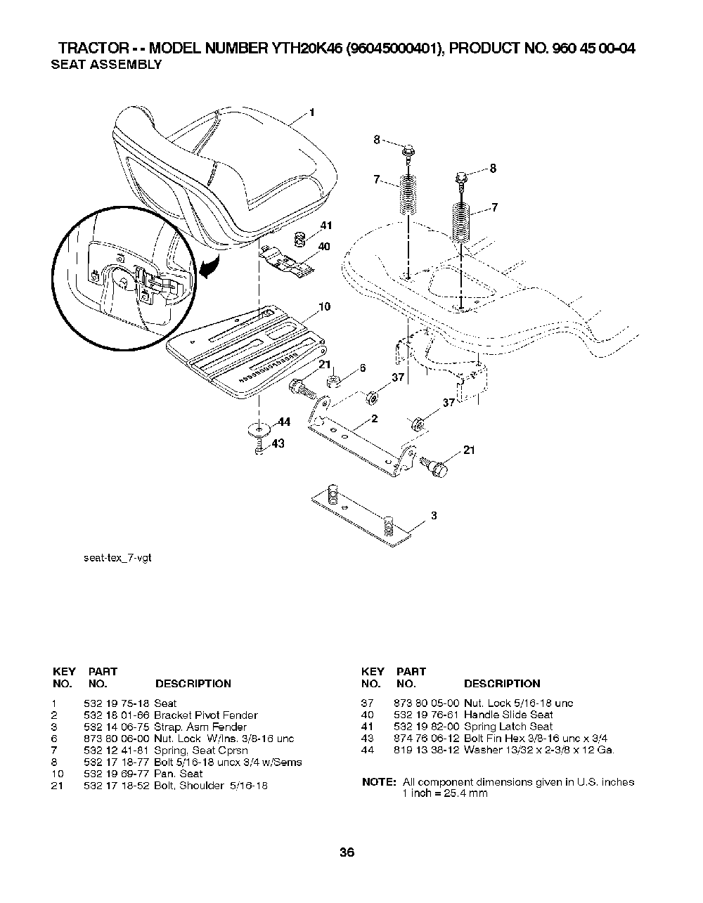 Seat Diagram and Parts List for YTH20K4696045000401 2007-07 Husqvarna Lawn Tractor