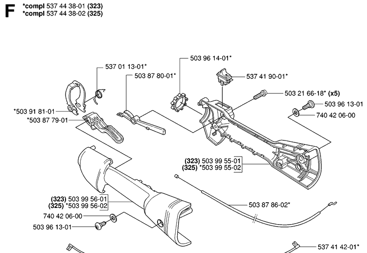 Handle And Controls Diagram and Parts List for 325HA110 20054000001-20040100000 Husqvarna Hedge Trimmer