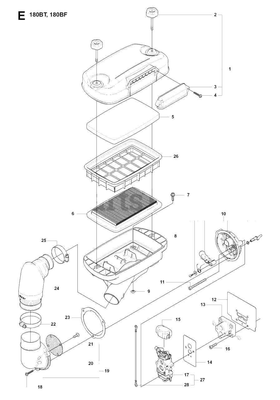 Carburetor And Air Filter Diagram and Parts List for 180BT 20084000001 & Above Husqvarna Leaf Blower / Vacuum