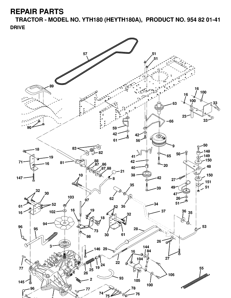 Drive Diagram and Parts List for YTH180 (HEYTH180A)(1998-12) Husqvarna Lawn Tractor