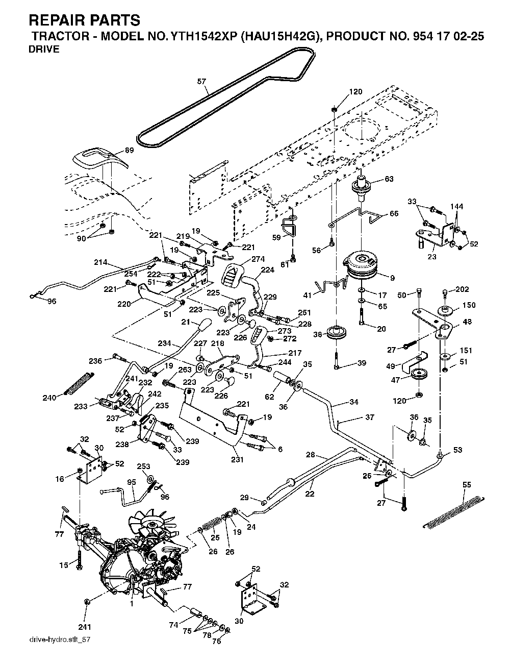 Drive Diagram and Parts List for YTH1542XP (HAU15H42G, 954170225)(2004-09) Husqvarna Lawn Tractor