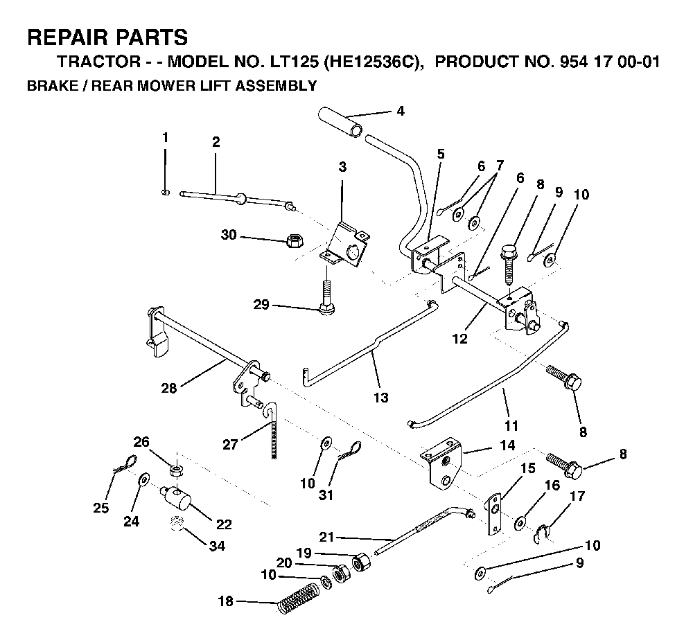 Brake / Rear Mower Lift Diagram and Parts List for LT125 (HE12536C, 954170001)(1998-03) Husqvarna Lawn Tractor