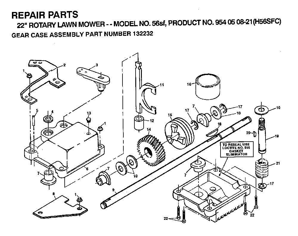 Gear Case Diagram and Parts List for 56SF (H56SFC, 954050821, 132232)(1992-01) Husqvarna Lawn Mower