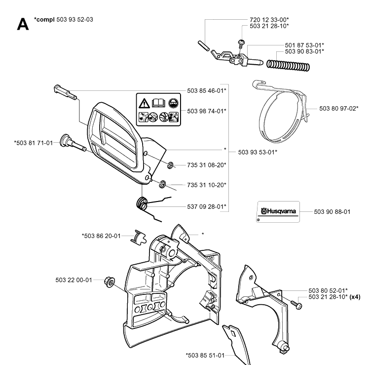 Chain Brake Diagram and Parts List for 334T 20031800001-20034400000 Husqvarna Chainsaw