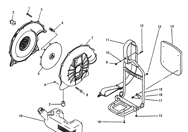 Fan / Fan Housing And Backpack Frame And Fuel Tank Diagram and Parts List for 145BT (Carb II)(2001-04) Husqvarna Leaf Blower / Vacuum