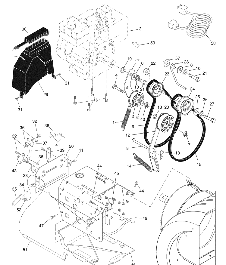 Chassis / Engine / Pulleys Diagram and Parts List for 924SBE (96193002202)(2007-10) Husqvarna Snow Blower