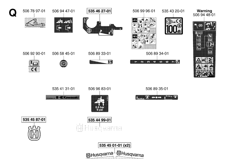 Decals Diagram and Parts List for PR18 2003-02 Husqvarna Lawn Mower