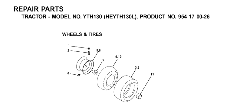 Wheels And Tires Diagram and Parts List for YTH130 (HEYTH130L)(2001-09) Husqvarna Lawn Tractor