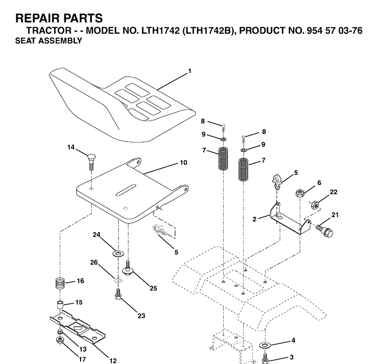Seat Diagram and Parts List for LTH1742-LTH1742B 2002-12 Husqvarna Lawn Tractor