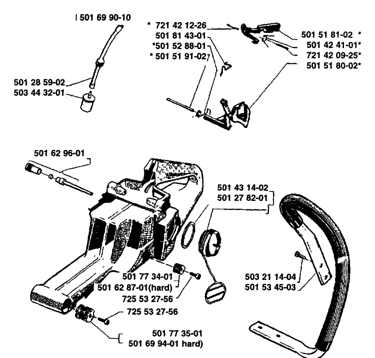 Front/Handle/Tank Assembly Diagram and Parts List for 61 1989-02 Husqvarna Chainsaw