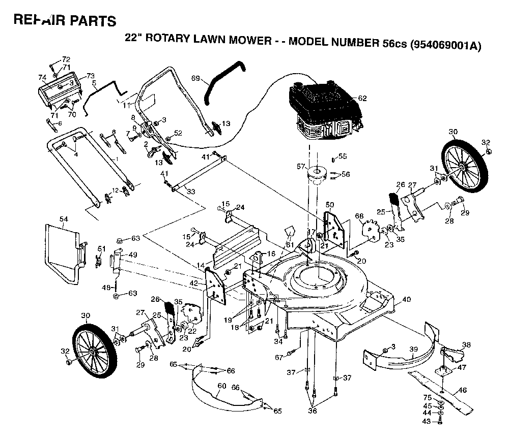 Repair Parts Diagram and Parts List for 56CS (954069001A, 532702510)(1994-07) Husqvarna Lawn Mower