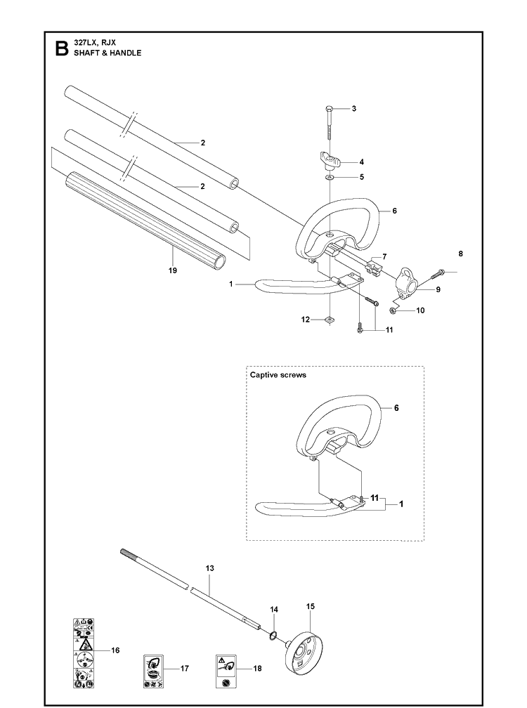 Shaft And Handle Diagram and Parts List for 327LX 20090100001-20105299999 Husqvarna Edger