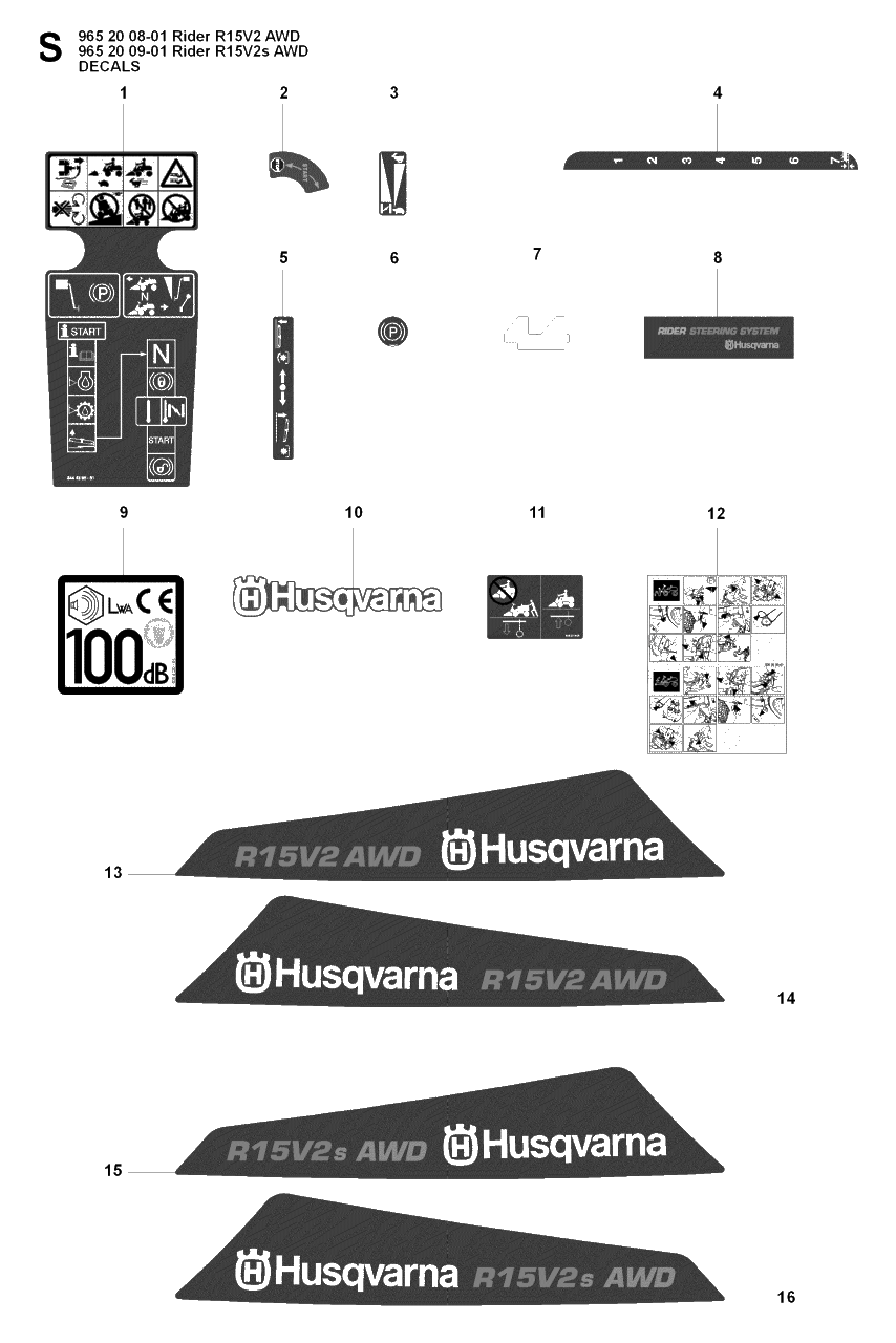 Decals Diagram and Parts List for R15-V2AWD 2008-01 Husqvarna Lawn Tractor