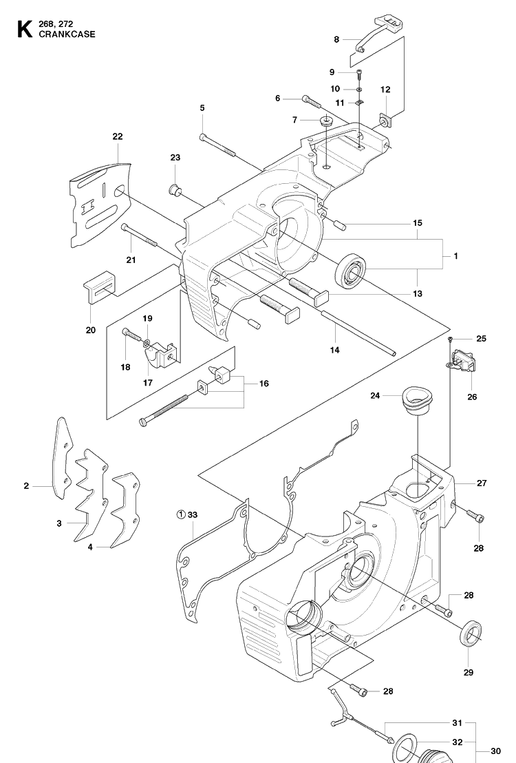 Crankcase Diagram and Parts List for 272XP 20091400001-20163200000 Husqvarna Chainsaw