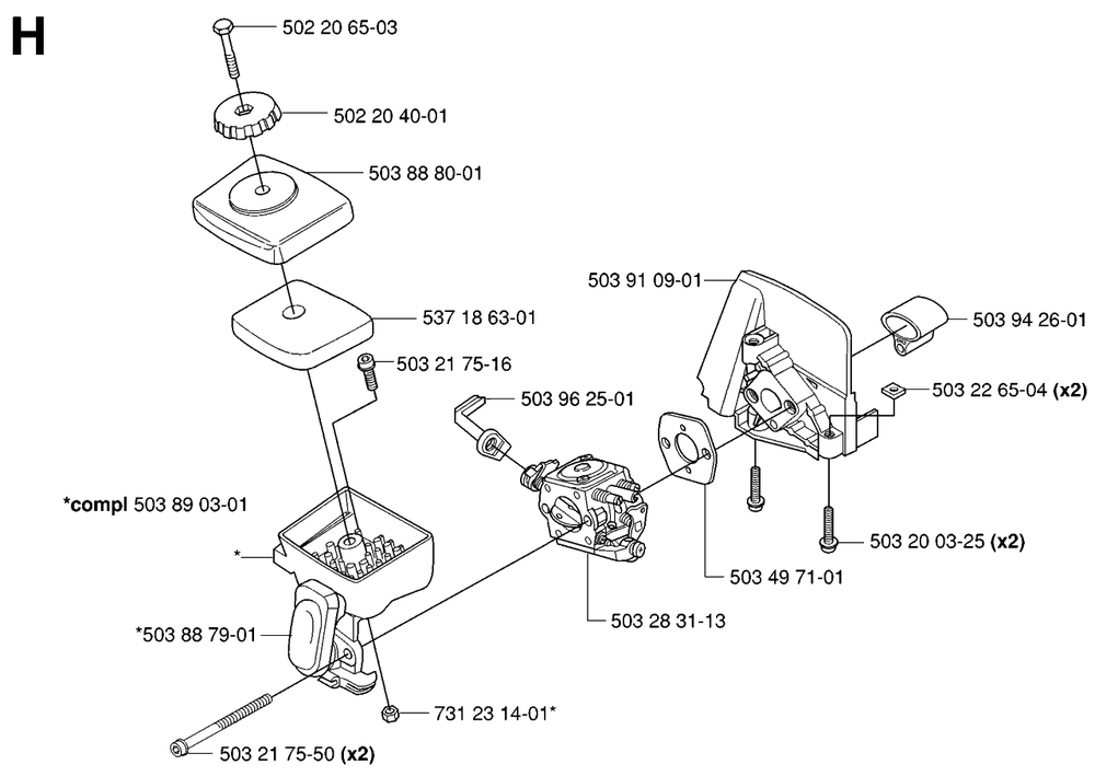 Carburetor And Air Filter Diagram and Parts List for 325HDA55X 20053600001 - 20054000000 Husqvarna Hedge Trimmer